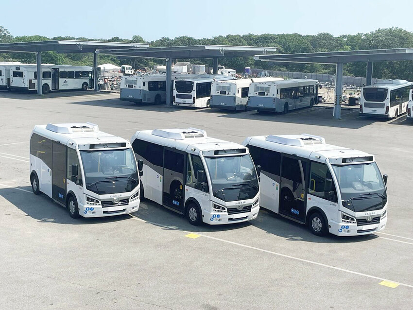 Two electric buses like these on Martha's Vineyard have arrived on Nantucket and will begin Nantucket Regional Transit Authority service soon.