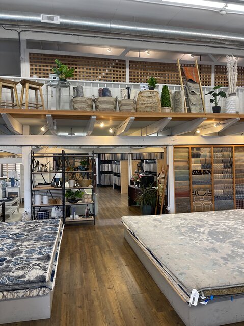 The reimagined home-furnishings department at Marine Home Center highlights floor coverings.