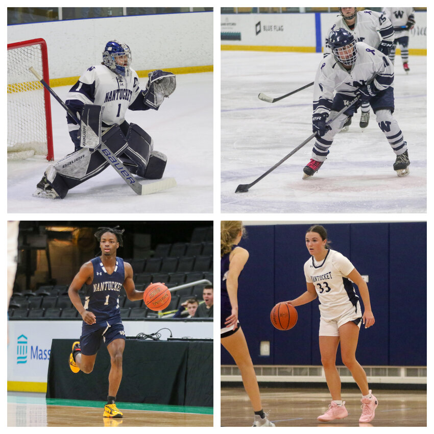 The boys and girls basketball and hockey teams are all scheduled to play Martha's Vineyard Saturday. Clockwise from top left: Griffin Starr; Emerson Pekarcik; Maddie Lombardi; and Dwayne Martin.