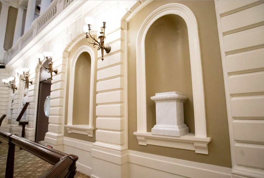 A marble pedestal in the Senate Chamber awaits the new bust of Frederick Douglass, while another alcove (to the left) will eventually be filled with a bust of a woman.