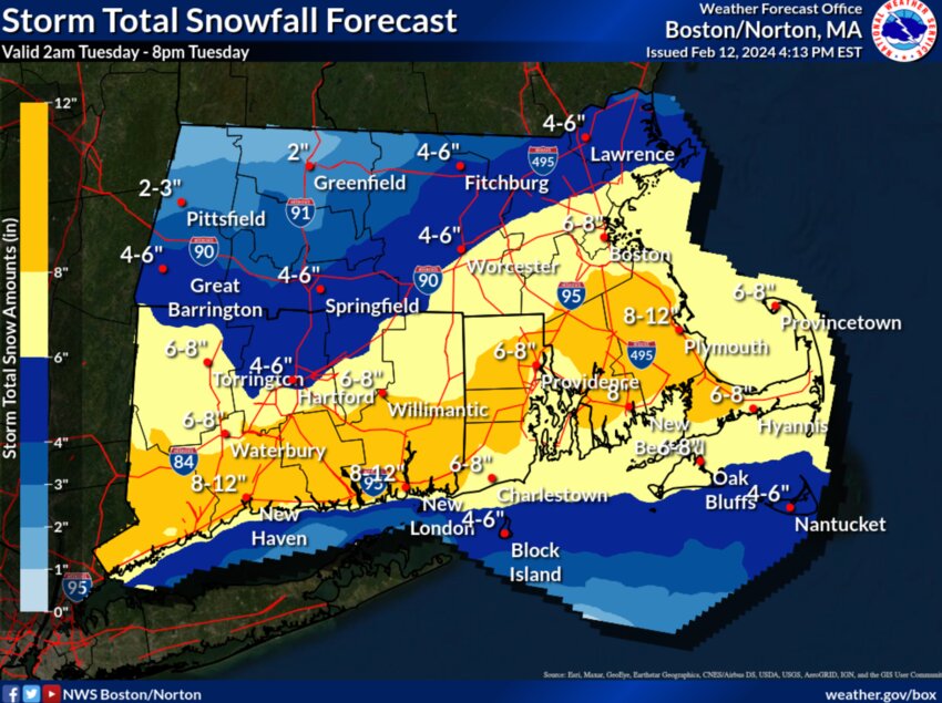 Four to six inches of snow are forecast for Nantucket Tuesday.