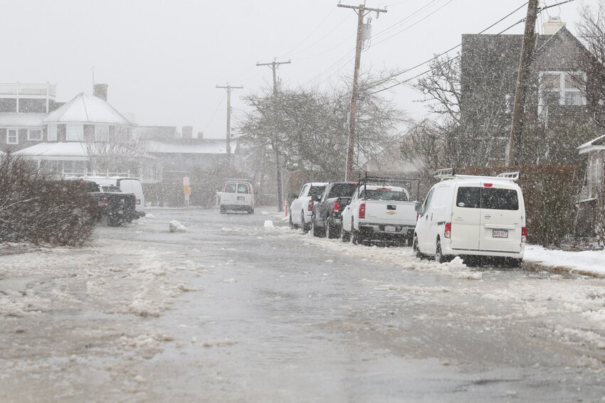 A partially-flooded Easton Street during the height of Tuesday's nor'easter.