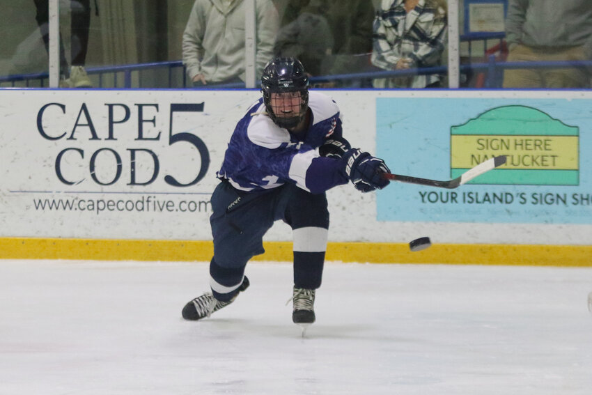 Mike Culkins fires a shot on net during the Whalers&rsquo; 5-0 win over Monomoy/Mashpee Sunday. The senior defenseman scored a goal in the victory.