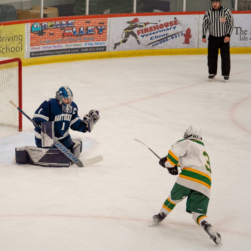 Whalers goalie Griffin Starr makes a save during Monday's game against North Reading.