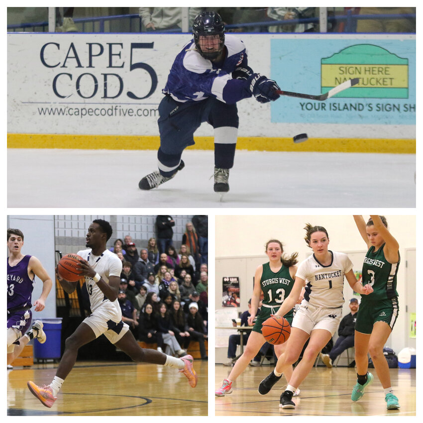 The Whalers boys hockey and boys and girls basketball teams will find out their state tournament seedings Saturday. Clockwise from top: Mike Culkins, Marin Mooney and Jayquan Francis.