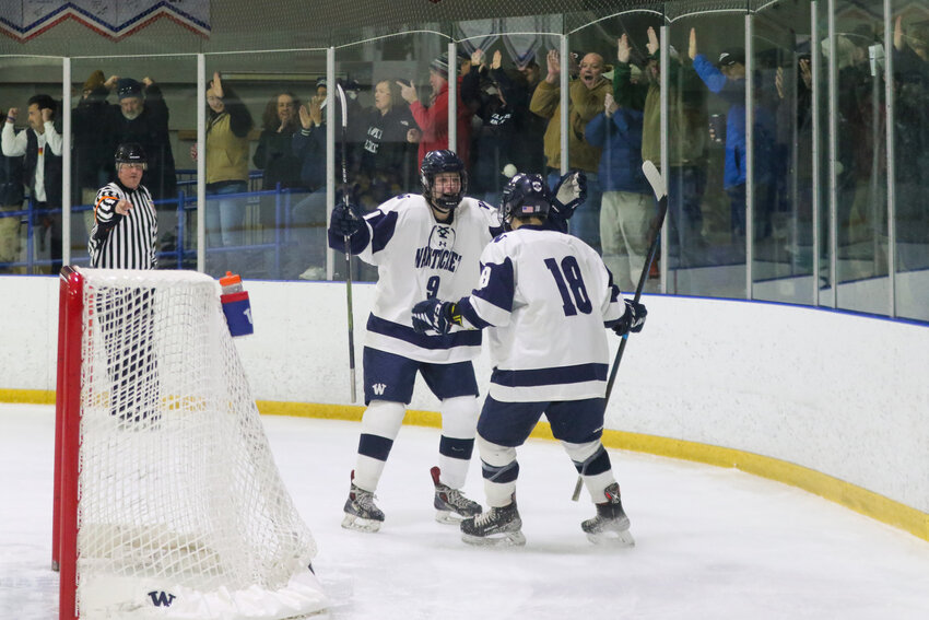 Ben Freeman, left, and Canton Jenkison celebrate after Freeman's first-period goal in the Whalers' 6-3 win over St. John Paul II Friday in the round of 32 of the Div. 4 state tournament.