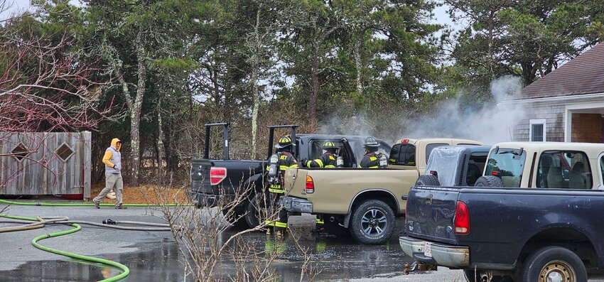 A Ford F150 pick-up truck parked outside the Nantucket Housing Authority office on Manta Drive went up in flames Monday morning.