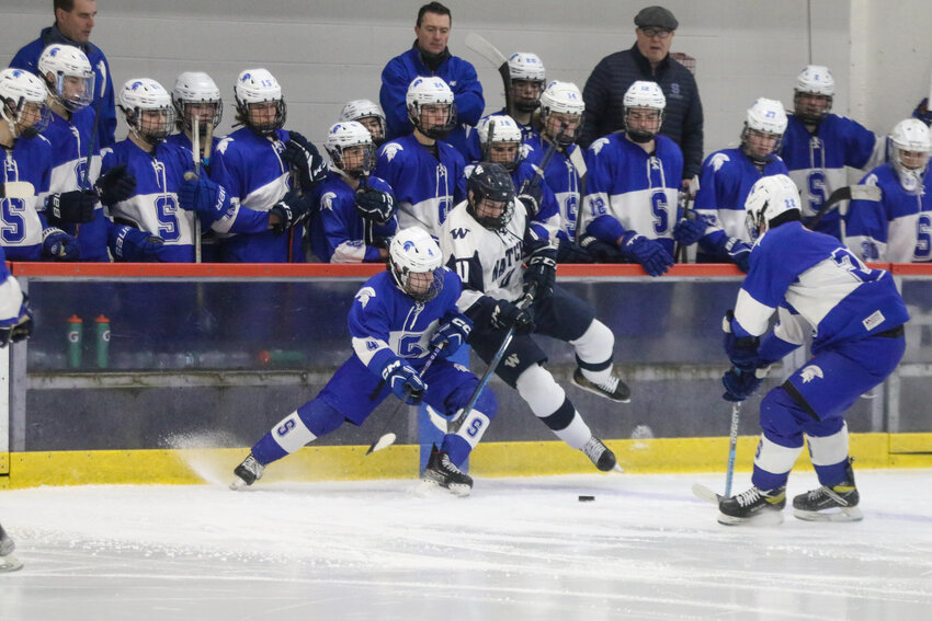 Hunter Strojny (11) and a Stoneham player battle for the puck inn front of the Spartans' bench during Wednesday's Div. 4 quarterfinals match-up.