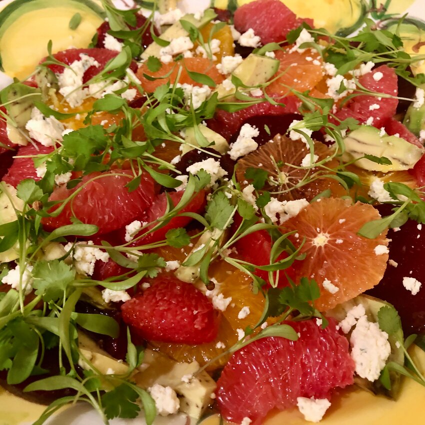 This Citrus, Beet and Avocado Salad is enhanced by crumbly cheese.