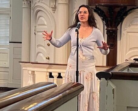 Nantucket High School senior Anna Popnikolova mid-performance during the Poetry Out Loud state finals in Boston. She recited poems by Jehanne Dubrow, Kimberly Casey and Sappho.
