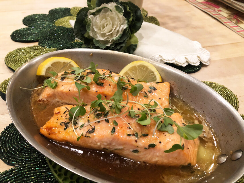 The marinade for this Irish Roasted Salmon contains Jameson whiskey, honey, vinegar and herbs.