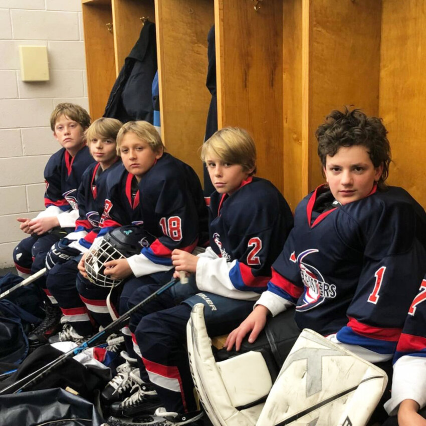Nantucket Whaler senior hockey players when they were members of the Nantucket Nor'Easters Peewee team about five years ago. From left: Mike Culkins, Ryan Davis, Hunter Strojny, Braden Knapp and Griffin Starr.