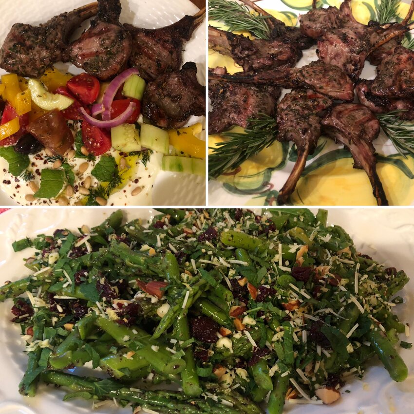 Grilled Lollipop Lamb Chops, top, and Asparagus Salad with Smoky Sweet Gremolata.