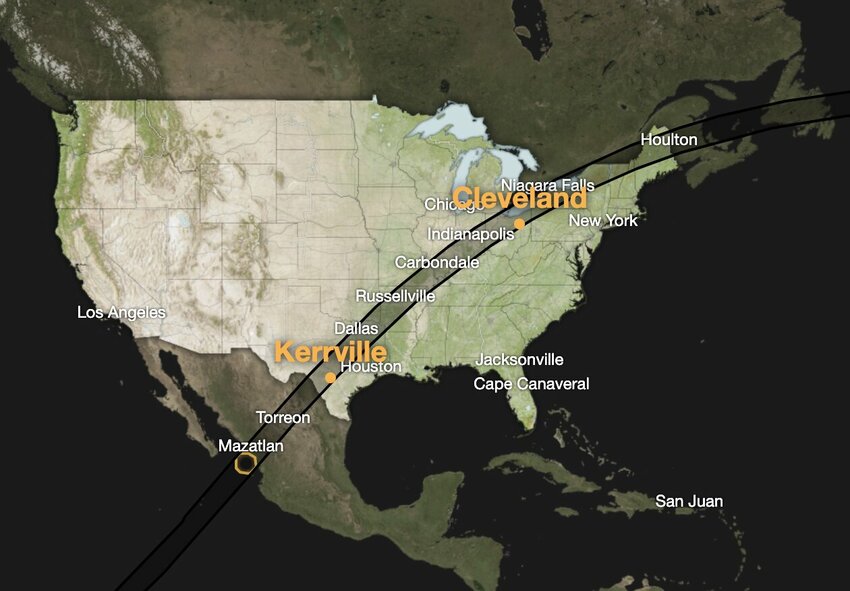 The total solar eclipse will be visible along a narrow track stretching from Texas to Maine on April 8. A partial eclipse will be visible throughout all 48 contiguous U.S. states.