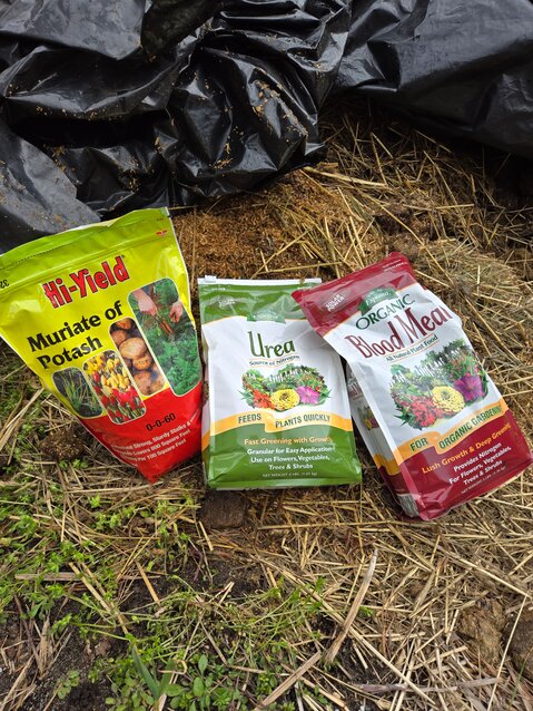 From left, organic soil nutrients including muriate of potash, urea and blood meal.