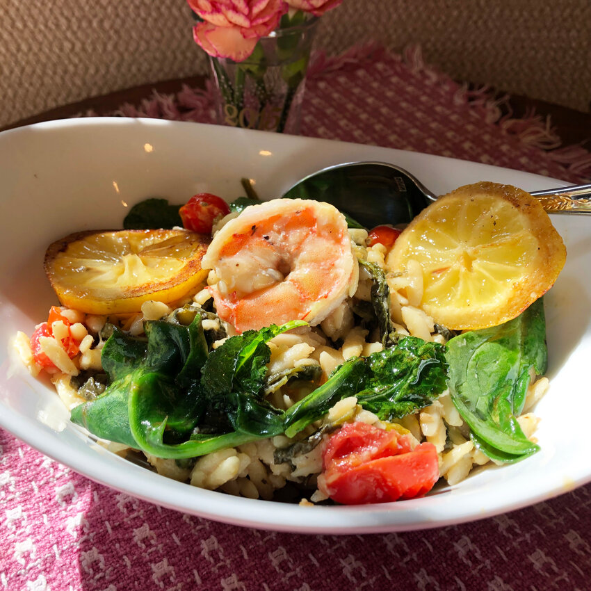 The refreshing pink, green and yellow colors of this One Skillet Lemon Shrimp and Orzo dish signify the arrival of spring.