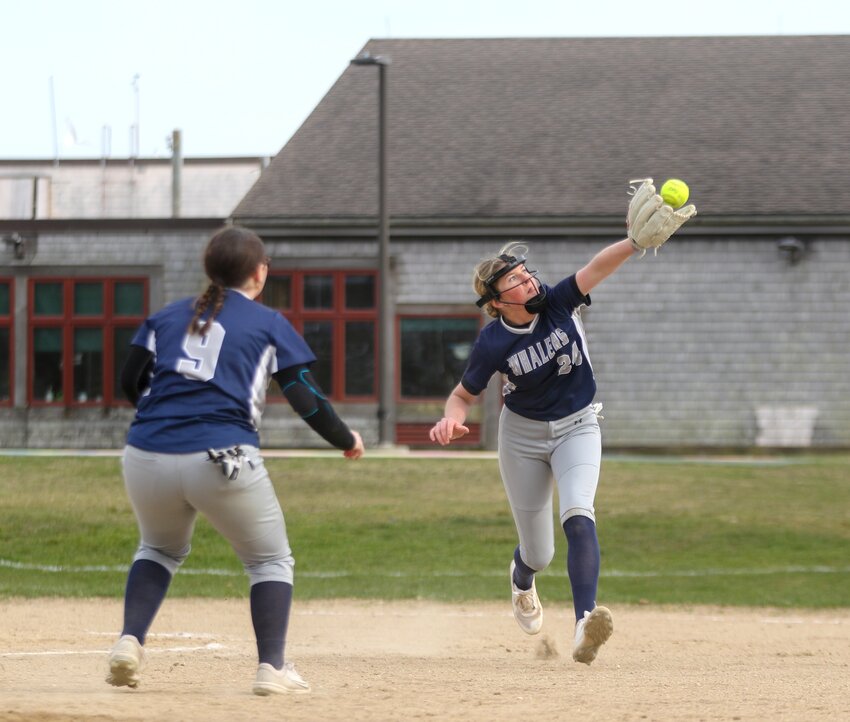 Seren Cristler (24) catches a pop up back to the pitcher during the Whalers' 17-5 win over St. John Paul II Wednesday.