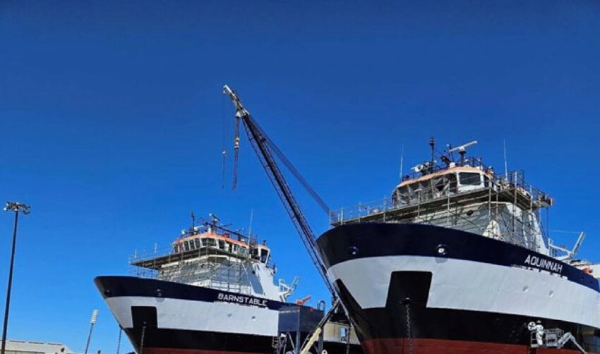 The M/V Barnstable and M/V Aquinnah receive bottom coating at the Alabama Shipyard.