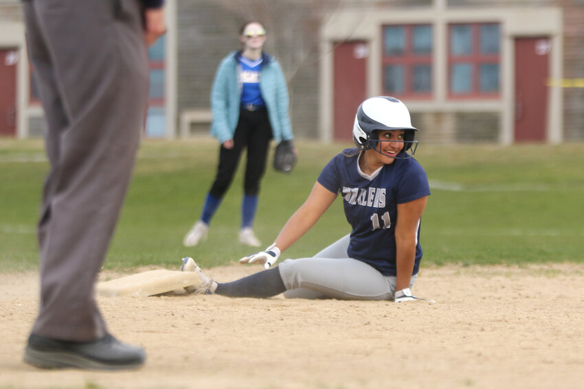 Yahely Del Rosario Gomez slides into second base during the Whalers&rsquo; 17-5 win over St. John Paul II last Wednesday.