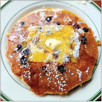 Jarlsberg Pancakes with Blueberries and Maple Syrup.