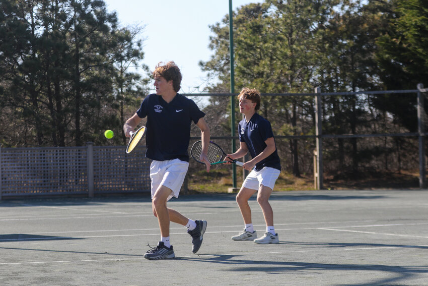 First doubles Hawkin Edawardes, left, and Soren Edwardes lost their first match of the season in Wednesday's 3-2 defeat against Cape Cod Academy.