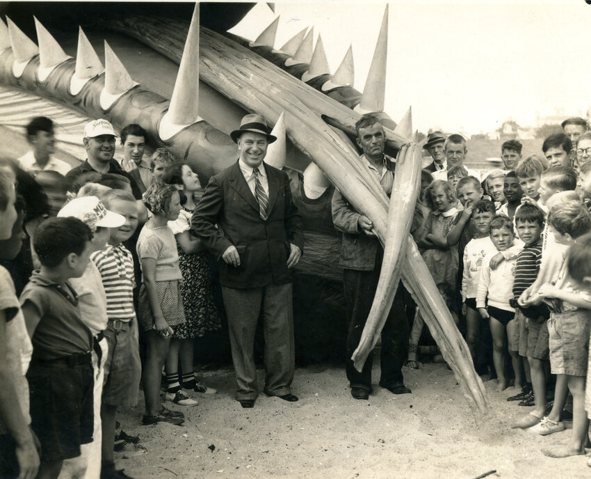 Tony Sarg and his &quot;sea monster&quot; with Nantucketers in 1937.
