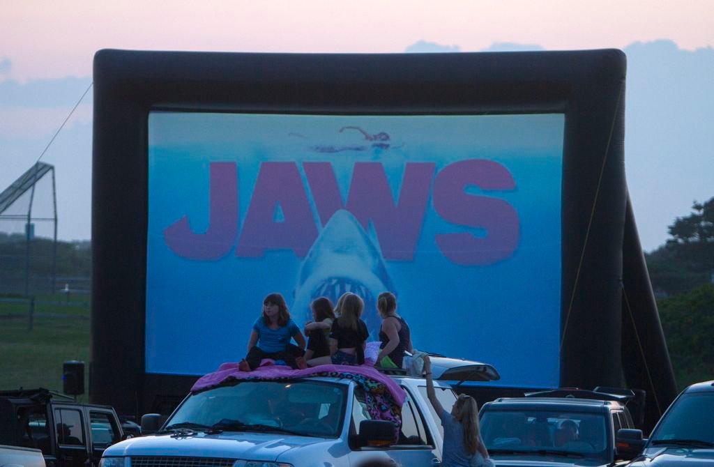 Moviegoers gather for the Friends of the Nantucket Public Schools drive-in movie showing of &quot;Jaws&quot; at the Tom Nevers Field in August, 2014