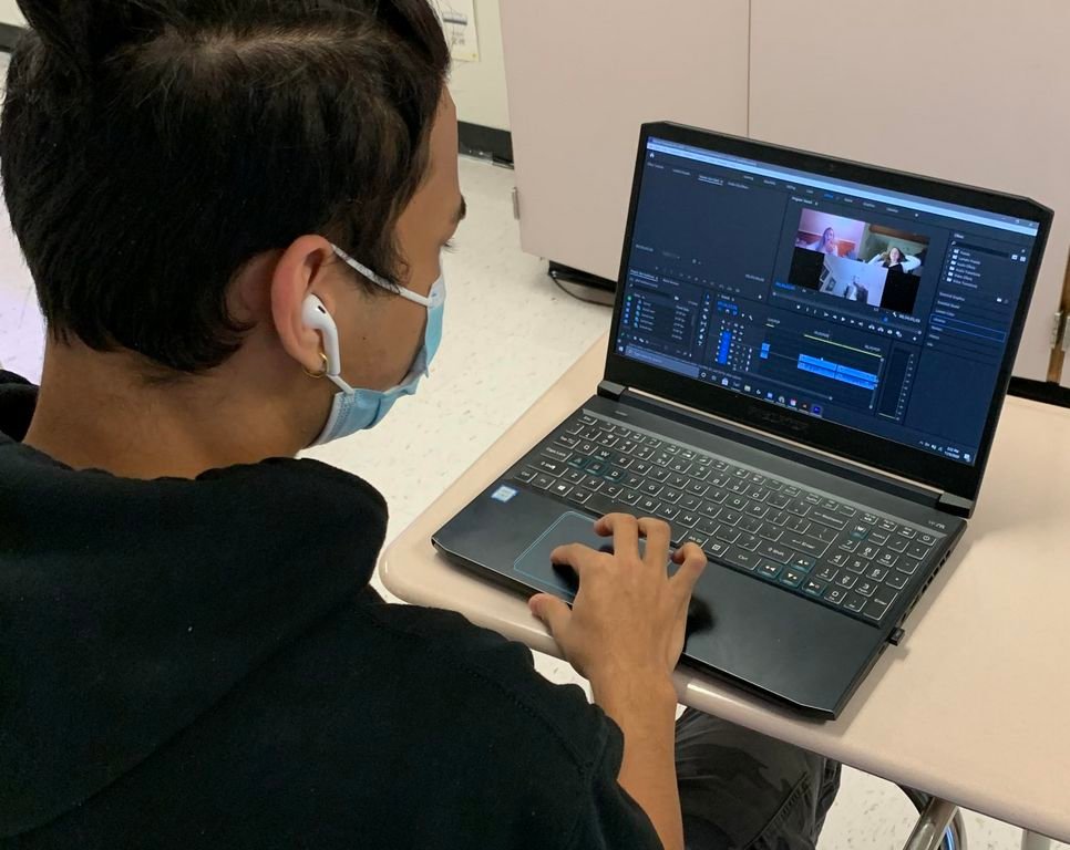 Nantucket High School junior Madhav Adhikari edits video clips of the drama club's production of &#8220;Bad Auditions . . . On Camera&#8221; that will be screened at the Dreamland drive-in Wednesday, Nov. 18.