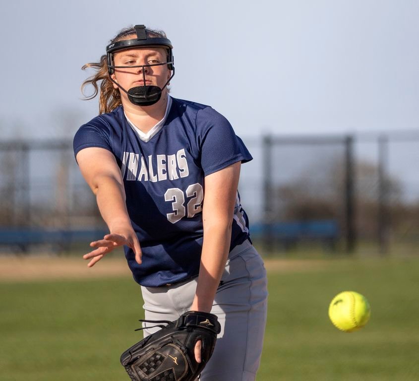Madlyn Lamb on the mound in Nantucket's 11-1 win over Sturgis East last Wednesday. The next day, Lamb gave up no hits against Cape Cod Tech and struck out 15 batters in a mercy-rule-shortened 22-1 win.