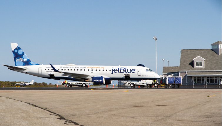JetBlue on the tarmac at Nantucket Memorial Airport last May. JetBlue service to the island resumes tomorrow.
