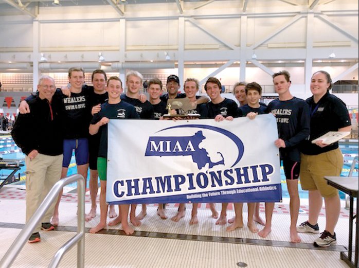 The south sectional-winning Nantucket boys swimming and diving team at Massachusetts Institute of Technology Sunday. From left, diving coach Drew Arent, Grant Beebe, Tyler Roethke, Jarrett O'Connor, Cameron Gottlieb, Cooper Norris, head coach Jim Pignato, James Taaffe, Beck Barsanti, Kevin Johnson, Matt Giacchetti, Aiden Roberts and assistant coach Natalie Thompson.