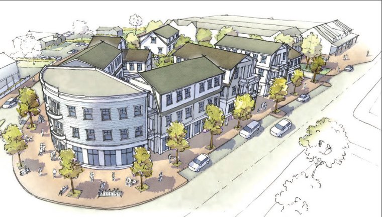 This sketch shows what a mixed-use development could look like on the triangle of land where the fire station sits between Sparks Avenue and Pleasant Street.