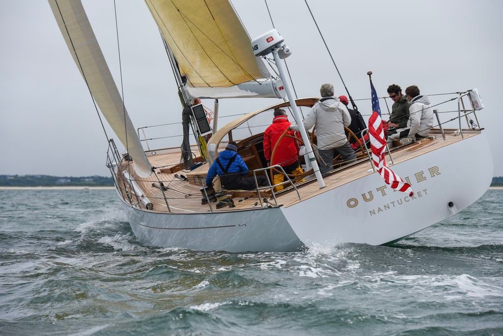 Harvey Jones' new wooden sailboat Outlier on the waters off Nantucket.