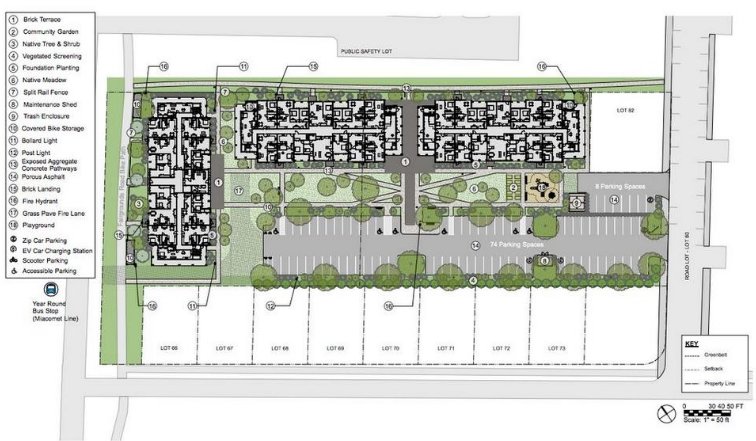An early rendering of the proposed Ticcoma Green affordable-apartment complex off Fairgrounds Road. The current plan approved by the Historic District Commission includes the same number of apartments in four buildings.