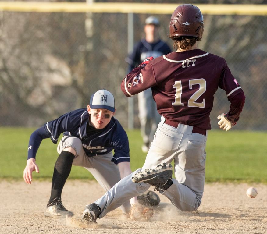 Liam Carroll covers second base in Nantucket's 9-1 loss to Cape Tech.