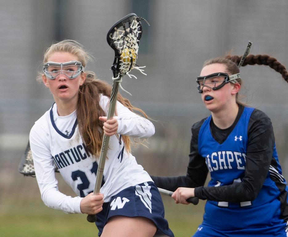 Evelyn Fey helps the Whalers earn a 15-6 win over Mashpee last Thursday.