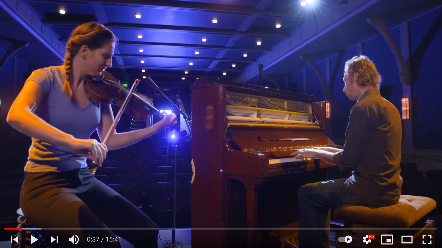 Fiddle player Greame Durovich and pianist Nigel Goss play a selection of traditional Irish songs in the Dreamland Theater’s live online concert series
