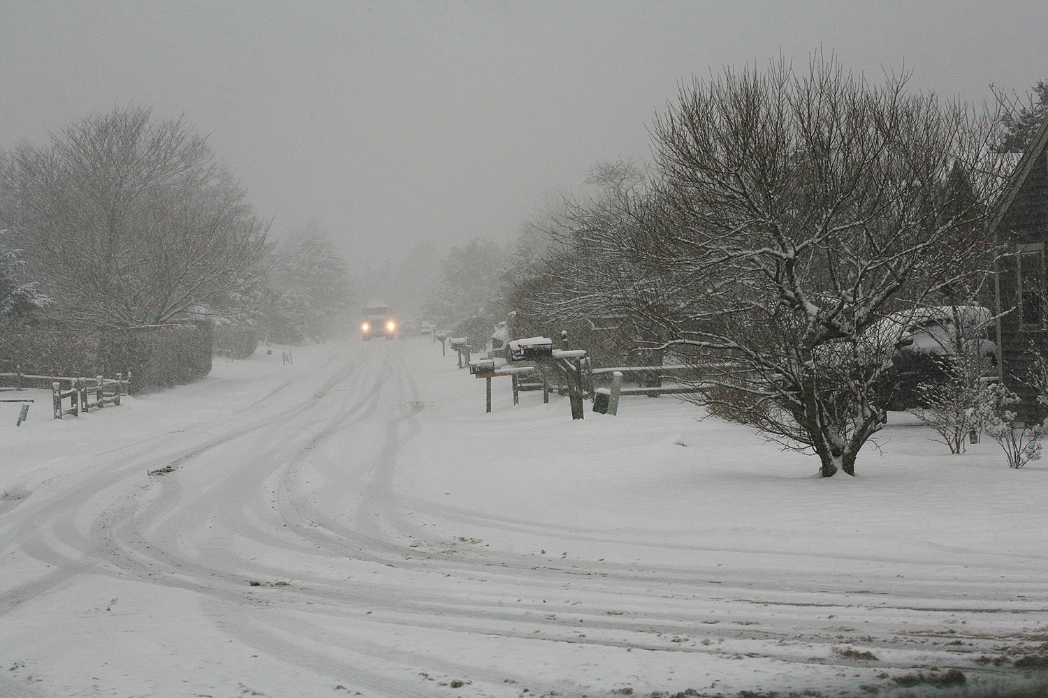 Snow blankets a road off Surfside Road near the schools.