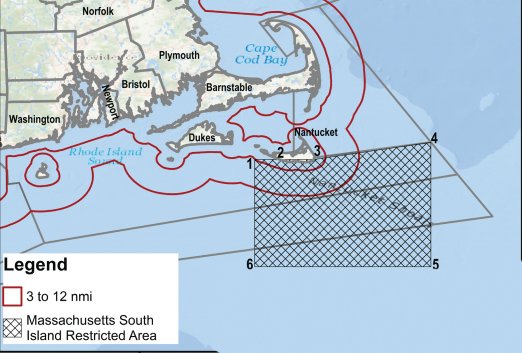 This map details the area south of Nantucket where new lobstering regulations are being proposed to protect right whales.