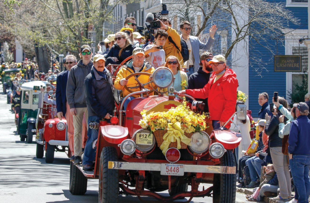 Rob Ranney leads the Nantucket Chamber of Commerce’s 2019 antique and classic car parade, driving the 1927 American LaFrance Quadruple Combination City Service Ladder Truck he inherited from his father Flint Ranney, who was the originator of the first parade in 1978.