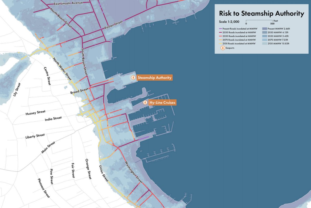 Coastal resilience maps from the National Oceanic and Atmospheric Administration show flooding downtown over the next century.