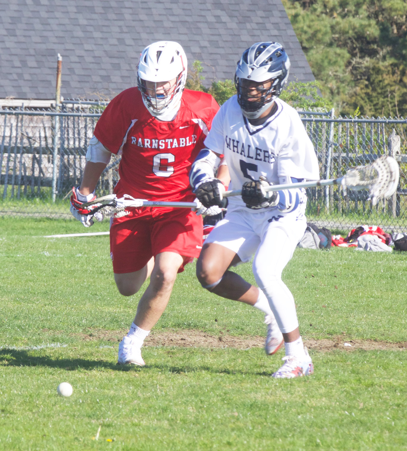 Makai Bodden chases after a loose ball in Nantucket’s season-opening loss to Barnstable Monday.