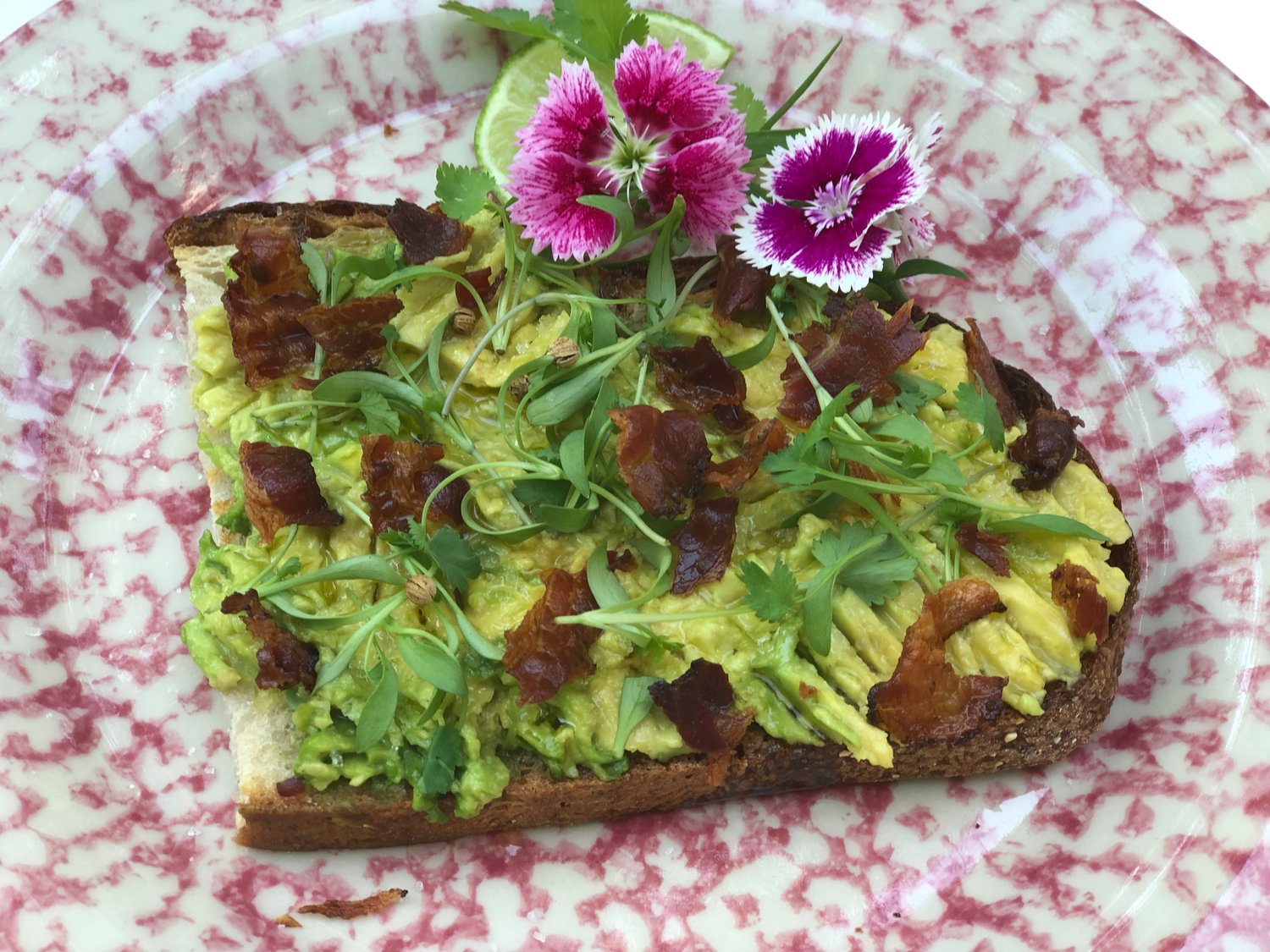 Crispy pancetta adds texture and a salty zing to this avocado toast with cilantro shoots on artisan bread.
