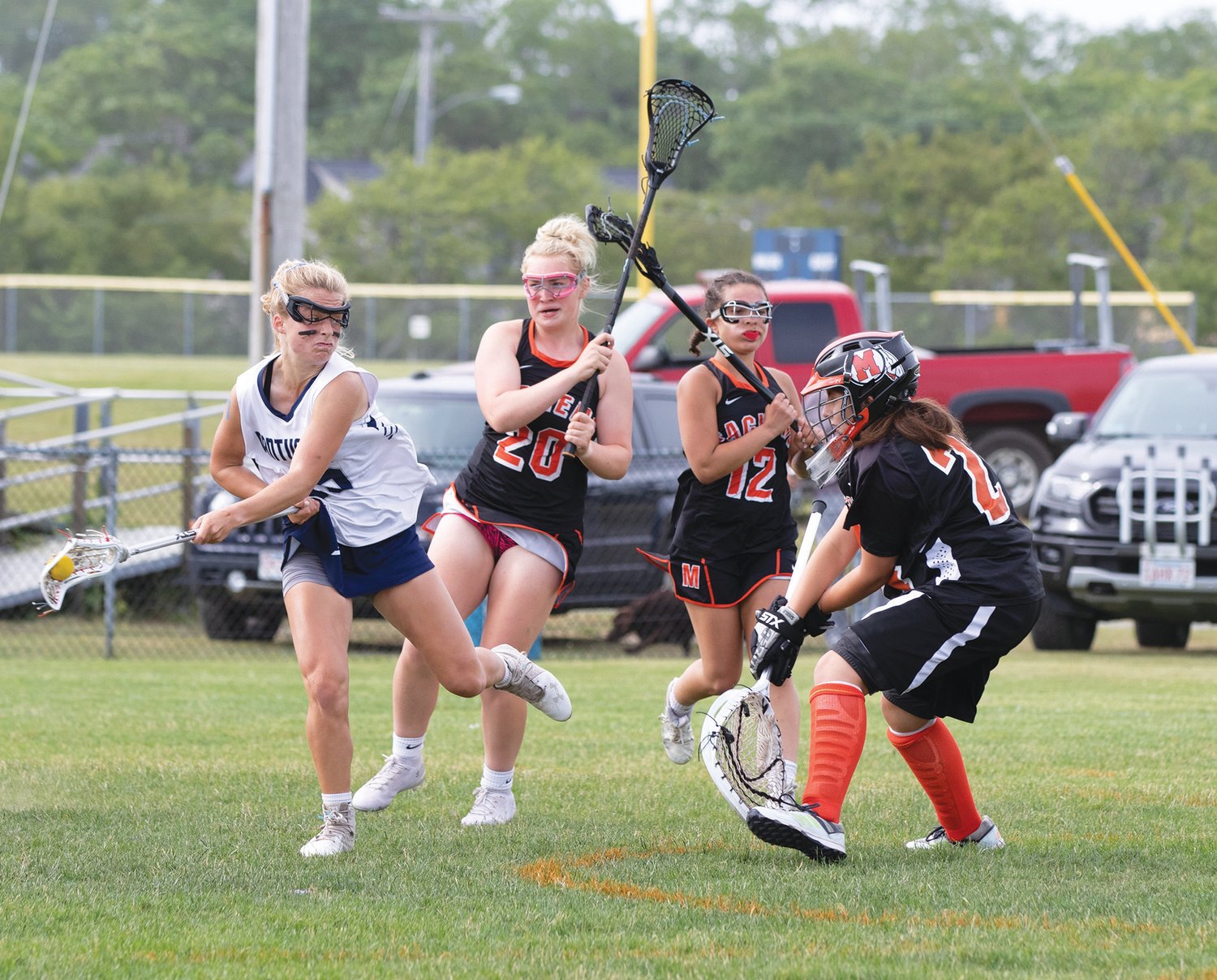 Bailey Lower rips a shot on net in Nantucket's 19-3 opening-round playoff win over Middleboro Monday.