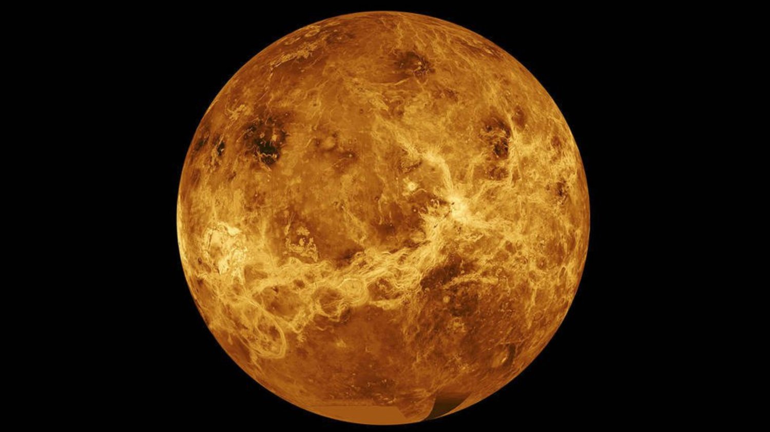 This image of Venus is a composite of data from NASA’s Magellan spacecraft and Pioneer Venus orbiter.