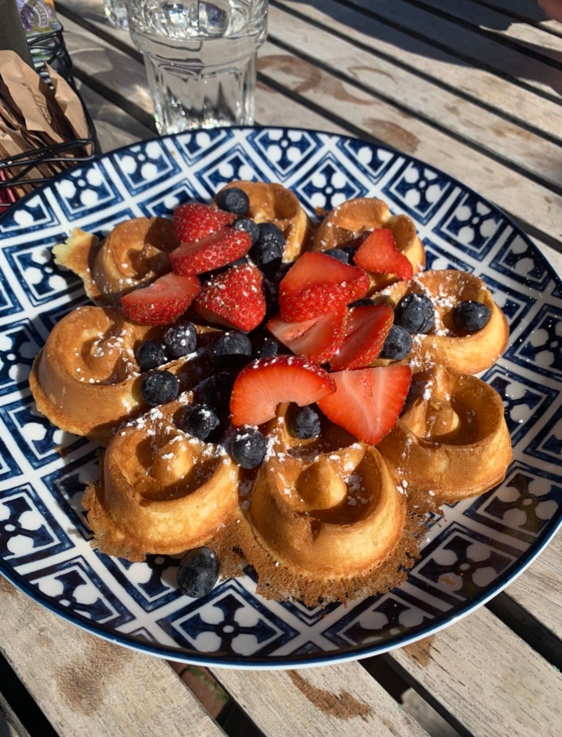 The Belgian waffle at Island Kitchen can be served with fresh berries, chocolate chips or Bananas Foster-style with caramel sauce and pecans.
