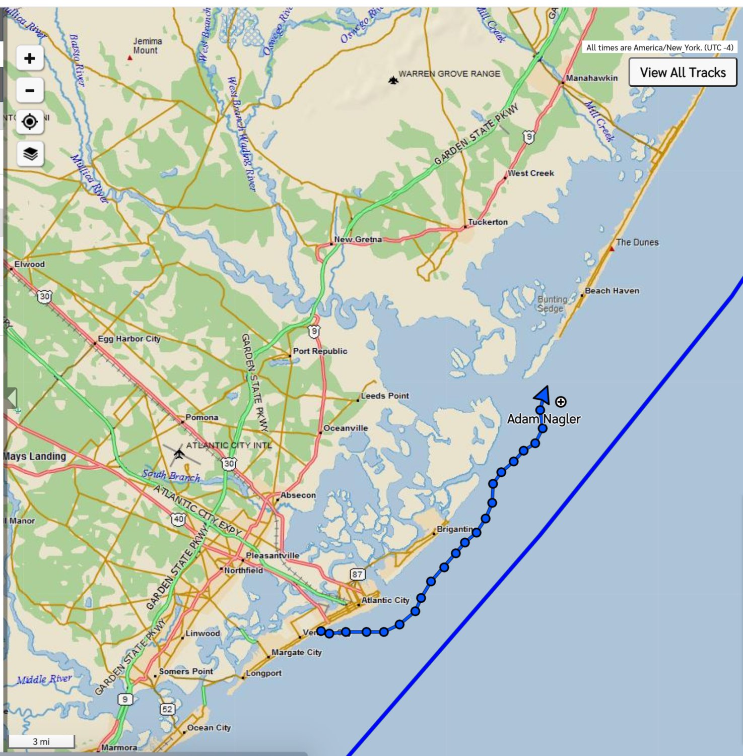 Adam Nagler's paddle-board progress toward Nantucket.