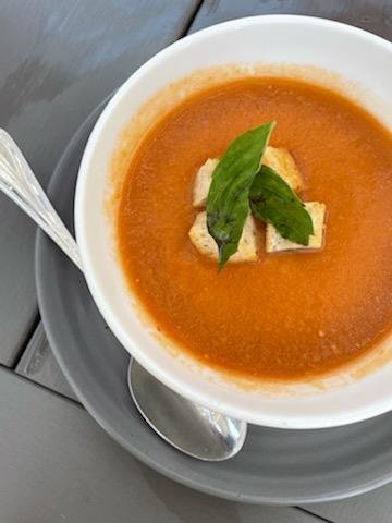 The gazpacho is a chilled blend of tomato, red pepper, cucumber and basil.