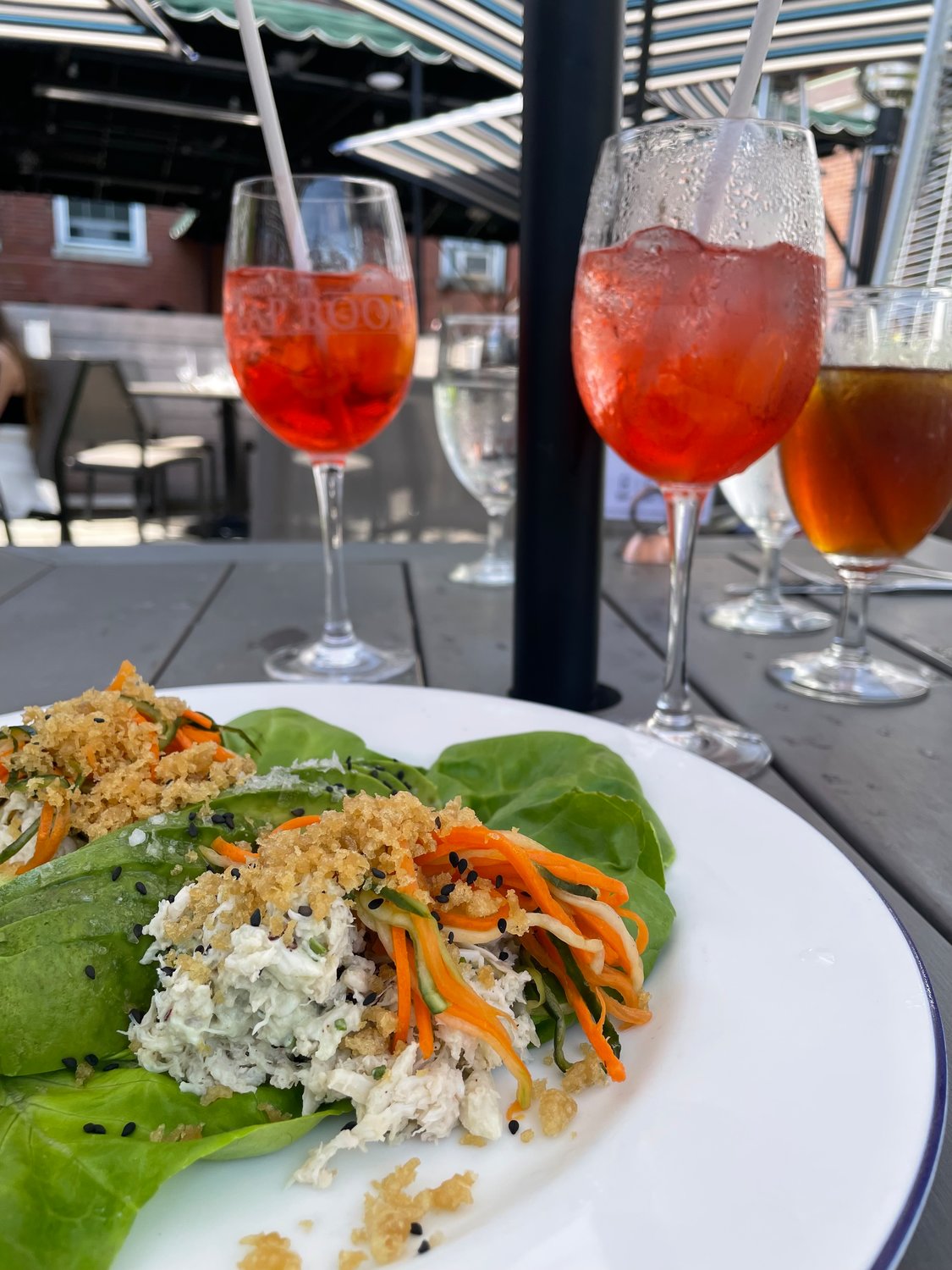 The crab salad features jumbo lump crab tossed with wasabi-ponzu aioli, and shredded carrots, cucumber, avocado and a tempura crunch.