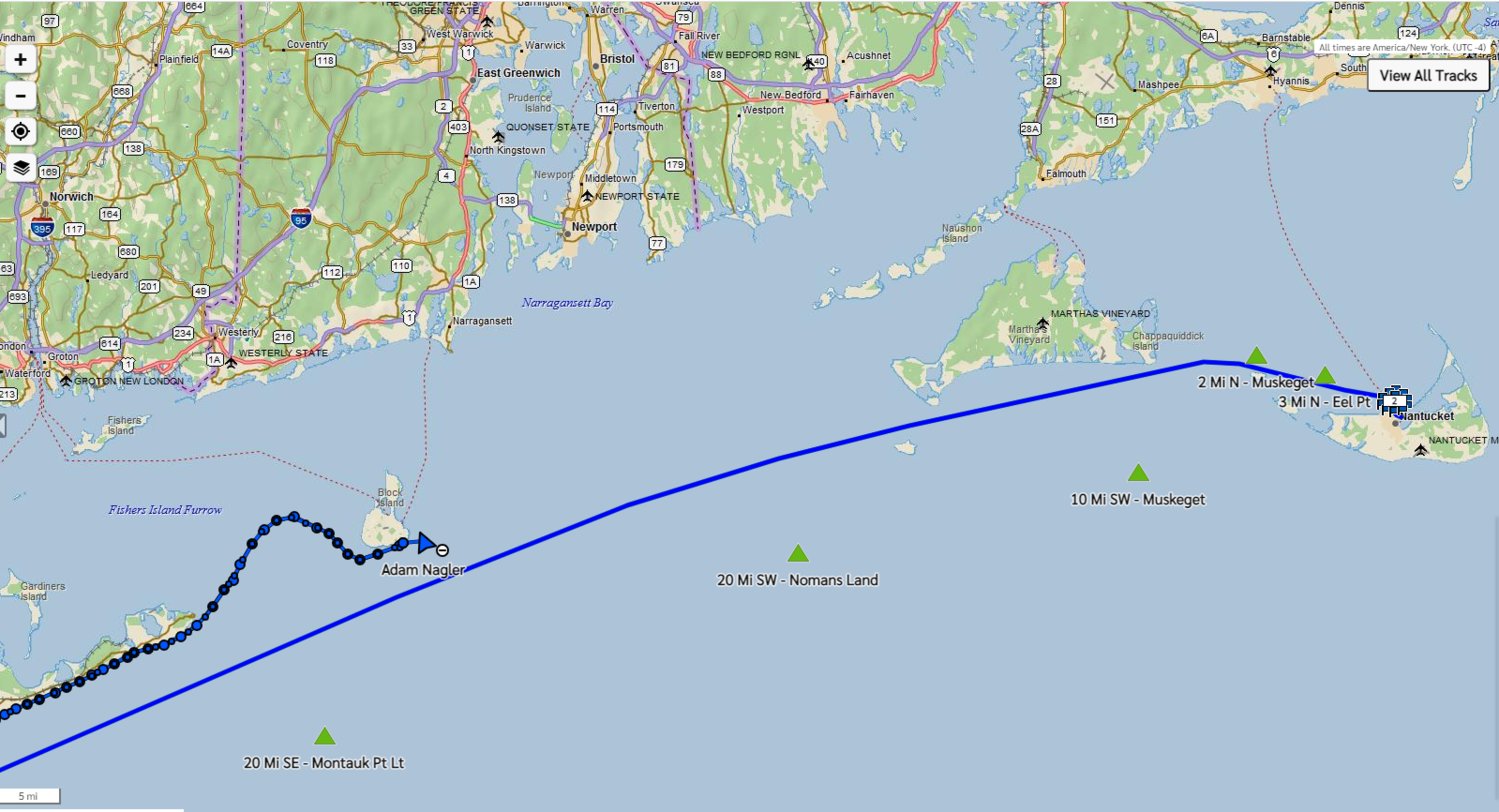 Long-distance paddle-boarder Adam Nagler set off from Block Island en route to Martha's Vineyard at 5 p.m. Saturday.